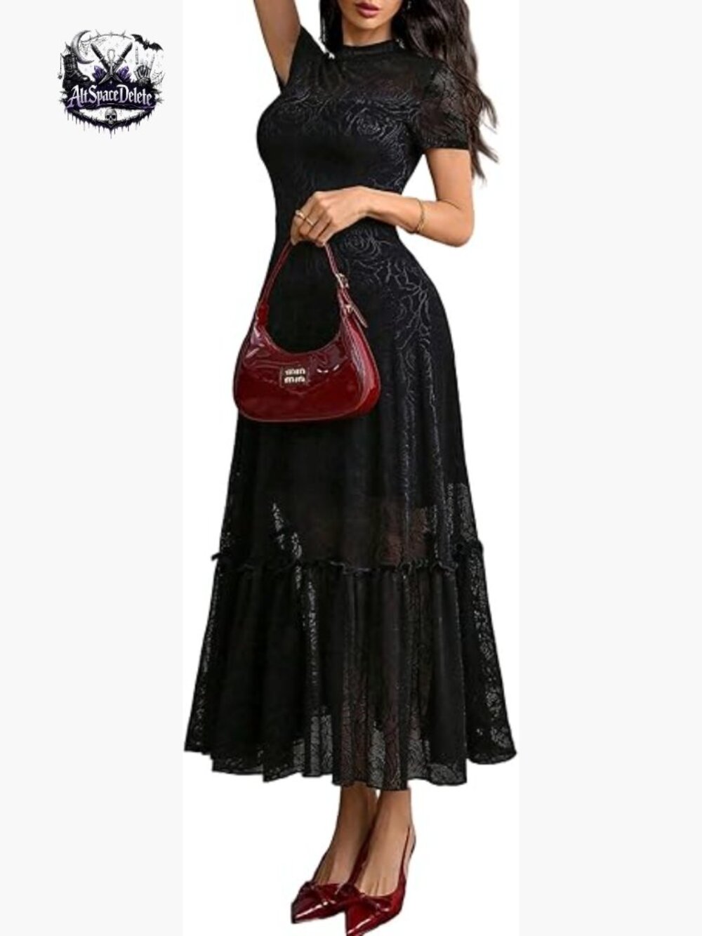 Vintage Floral Lace Midi Dress, High Waist, Double Layer, Cocktail Wedding Guest
